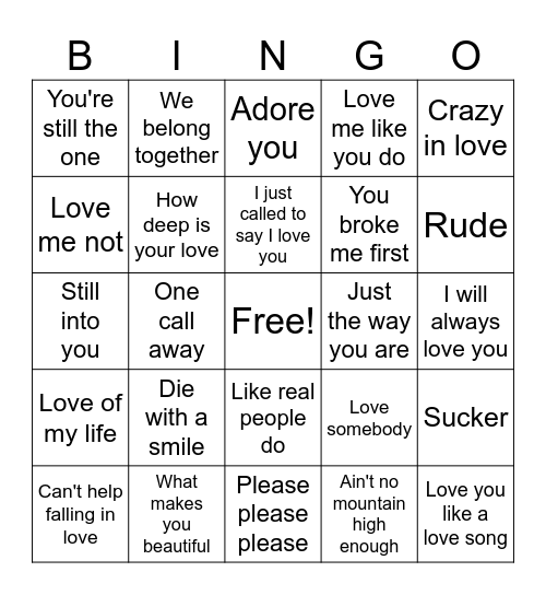 Love Song Bingo Card