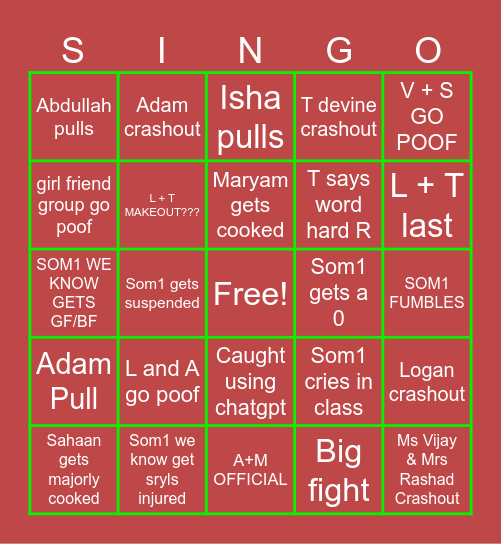 School Ringo Pingo Bingo Card