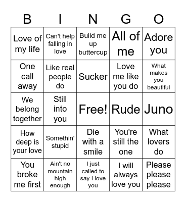 Love Song Bingo Card