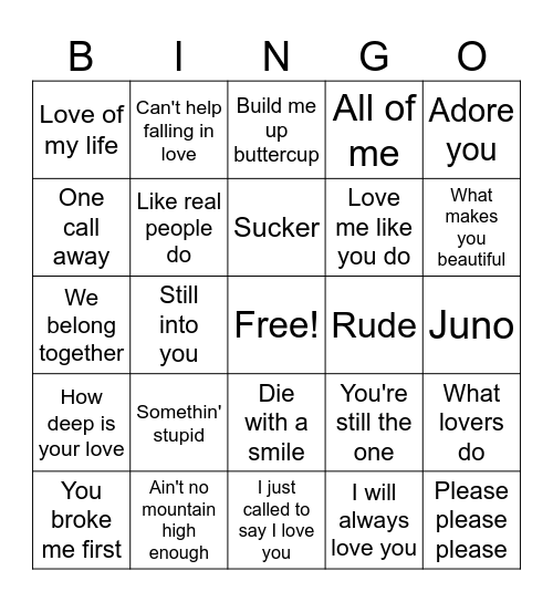 Love Song Bingo Card