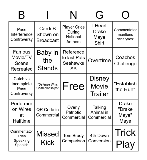 Super Bowl LX Bingo Card