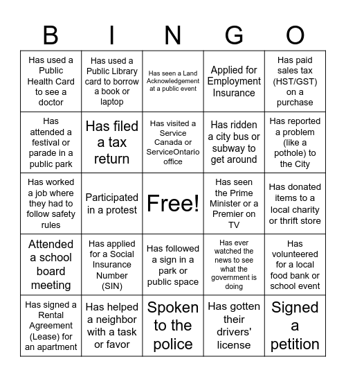 Civics Bingo Card
