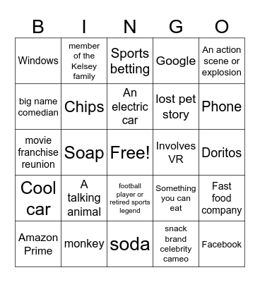 Super Bowl Commercial BINGO Card