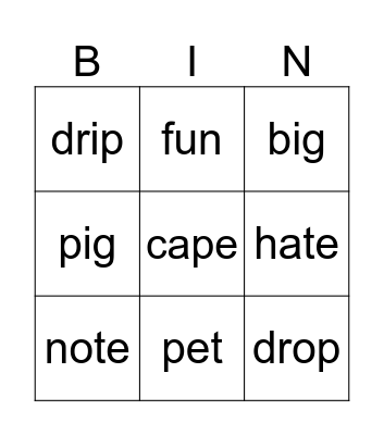 CVCC words Bingo Card