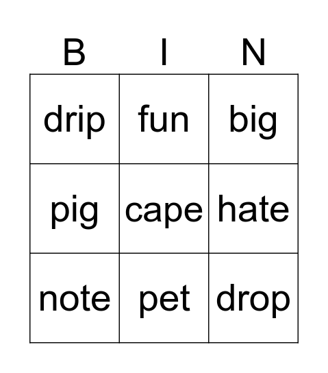 CVCC words Bingo Card