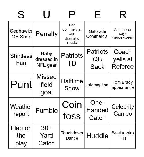 Superbowl LX Bingo Card