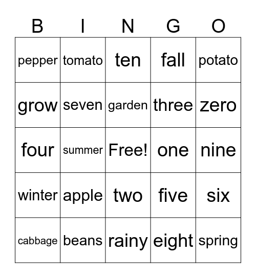 Garden Bingo Card