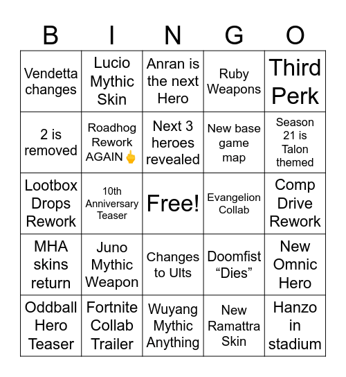 Overwatch Spotlight Bingo Card