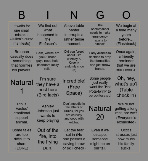 Critical Role- Campaign 4 Episode 14 Bingo Card