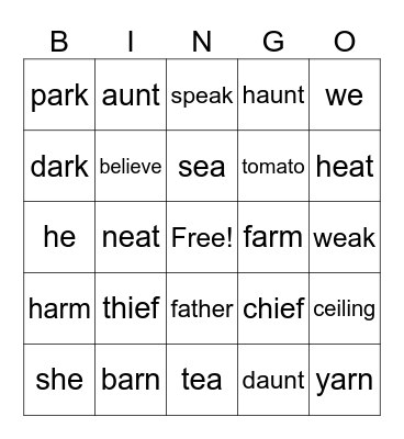 Long E/A sounds Bingo Card