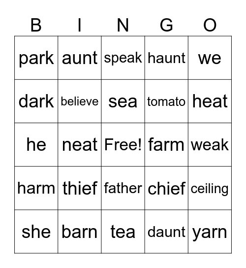 Long E/A sounds Bingo Card