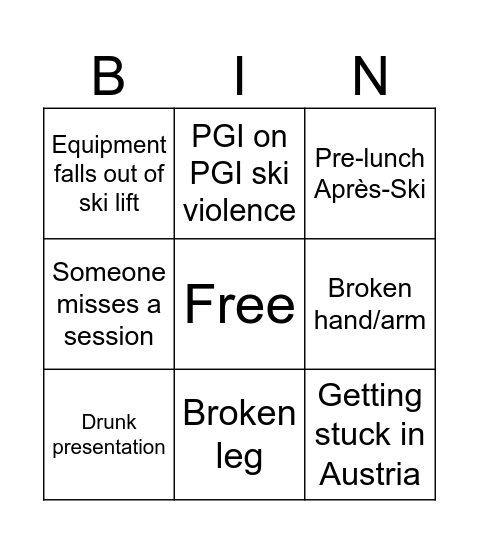 PGI Ski Retreat Bingo Card