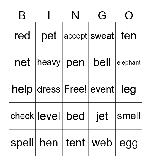 20260210 Short e sound words Bingo Card