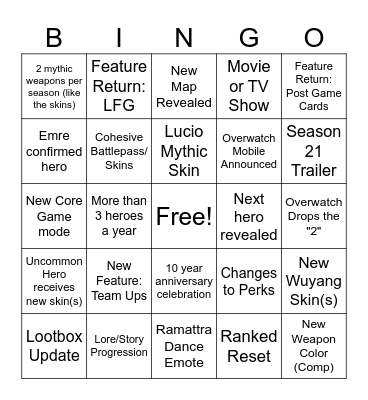 Overwatch Spotlight Event Bingo Card