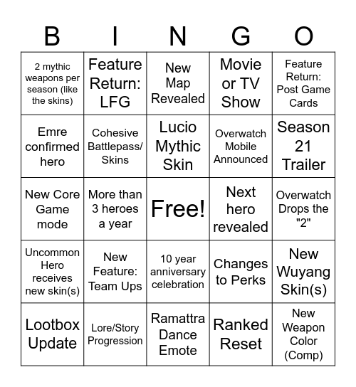 Overwatch Spotlight Event Bingo Card