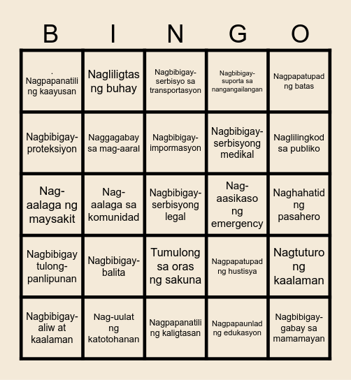 SERBISYO BINGO! Bingo Card