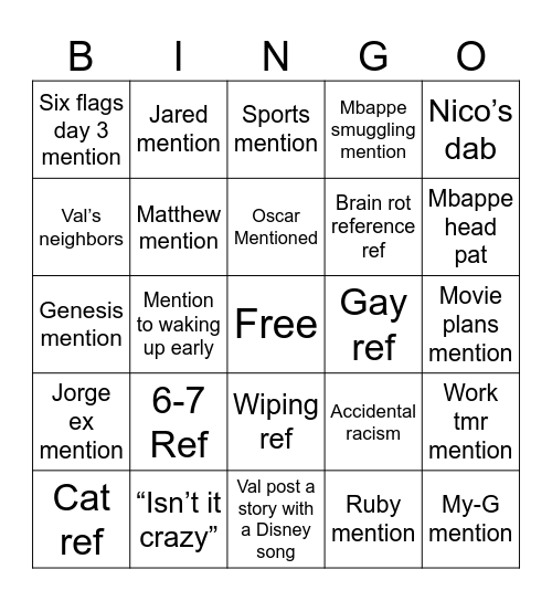 Trip Bingo Card