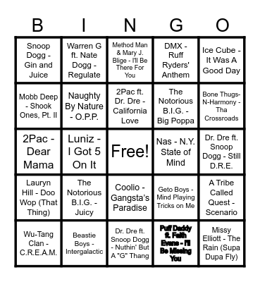 90's Hip Hop Bingo Card