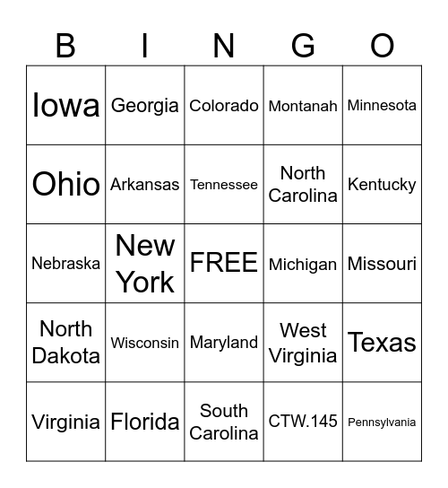 License Plate Bingo Card