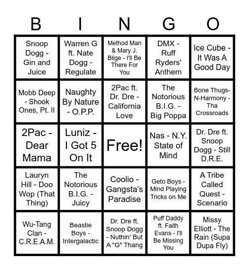 90's Hip Hop Hits Bingo Card