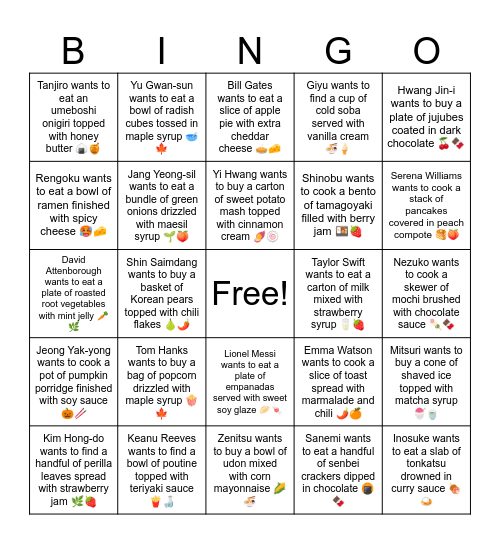 B19 L11 Jeong Yak-yong wants to cook a pot of pumpkin porridge finished with soy sauce 🎃🥢 Bingo Card