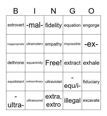Word Parts 4 Bingo Card
