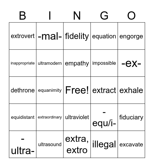 Word Parts 4 Bingo Card