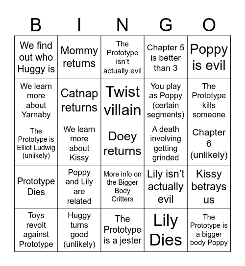 Poppy Playtime Chapter 5 Bingo Card