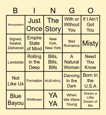 Grammy Award Musical Bingo Card