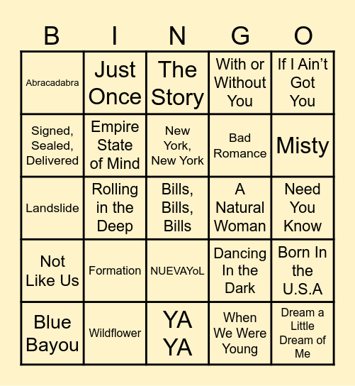Grammy Award Musical Bingo Card