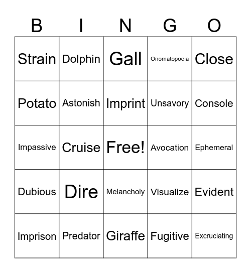 Vocabulary Bingo Card