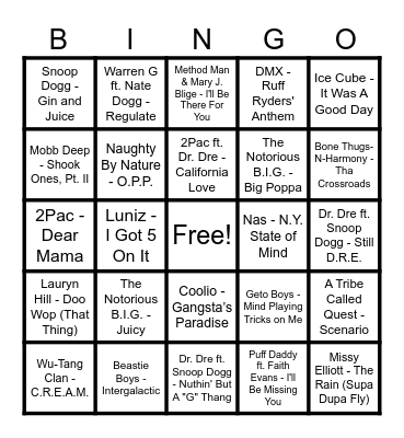 90's Hip Hop Hits Bingo Card