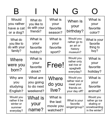 Get to know you Bingo Card