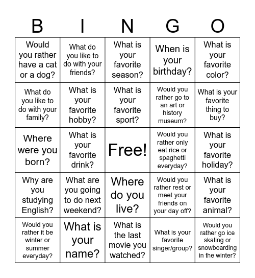 Get to know you Bingo Card