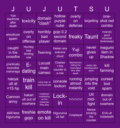 Jujutsu shenanigans, black out bingo! Bingo Card