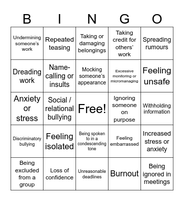 Bullying Bingo Card