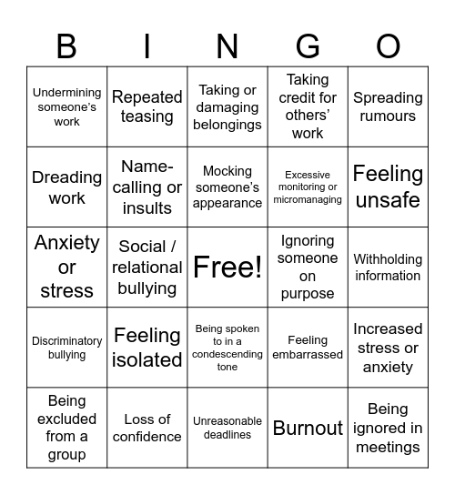 Bullying Bingo Card