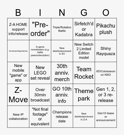 Pokémon Day 2026 Bingo Card