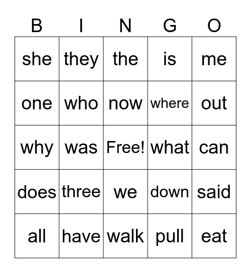 High Frequency Words Bingo Card