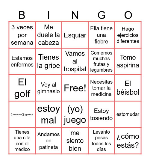 Unidad 5: La salud y los deportes Bingo Card
