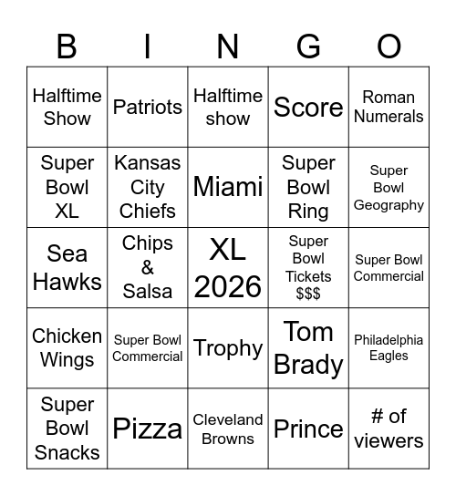 Super Bowl Ad BINGO Card
