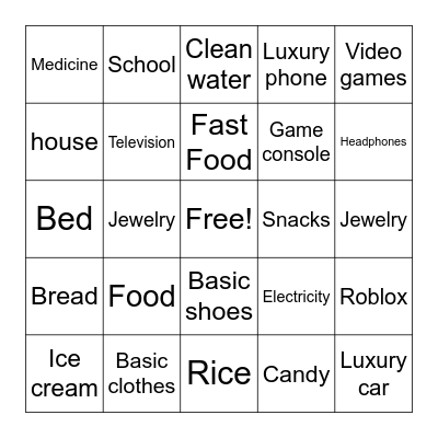 "Bingo: The Great Needs vs. Wants Showdown." Bingo Card
