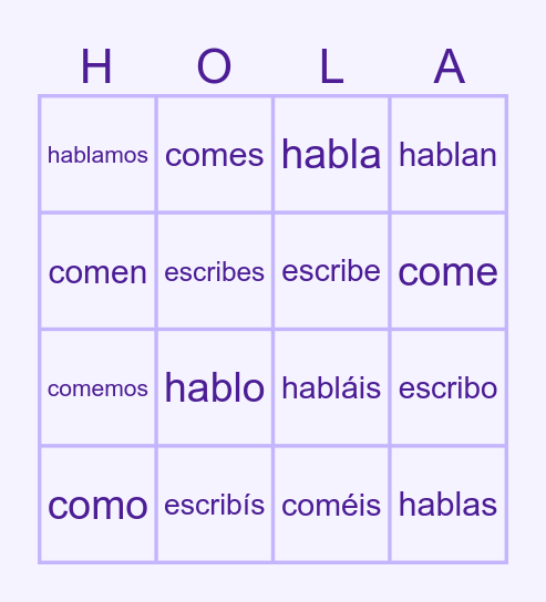 Conjugating hablar, comer and escribir Bingo Card
