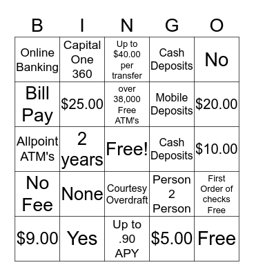 Capital One 360 Bingo Card