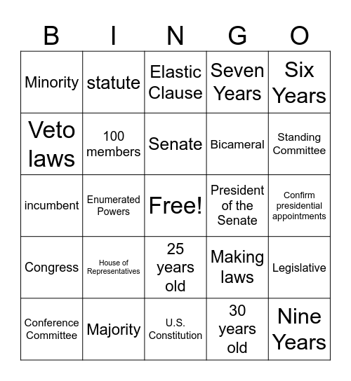 Legislative Branch Bingo Card