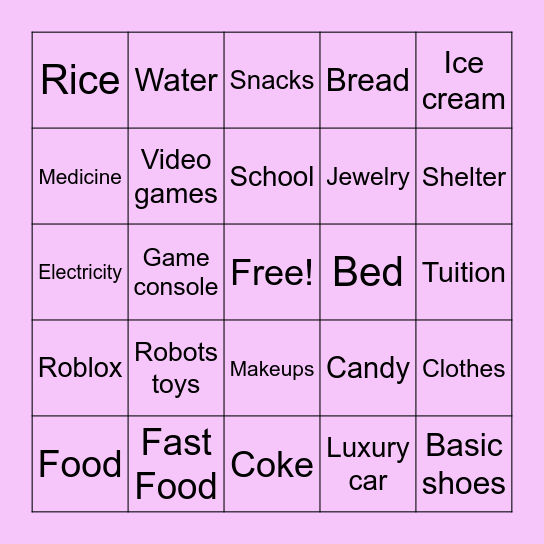 "Bingo: The Great Needs vs. Wants Showdown." Bingo Card