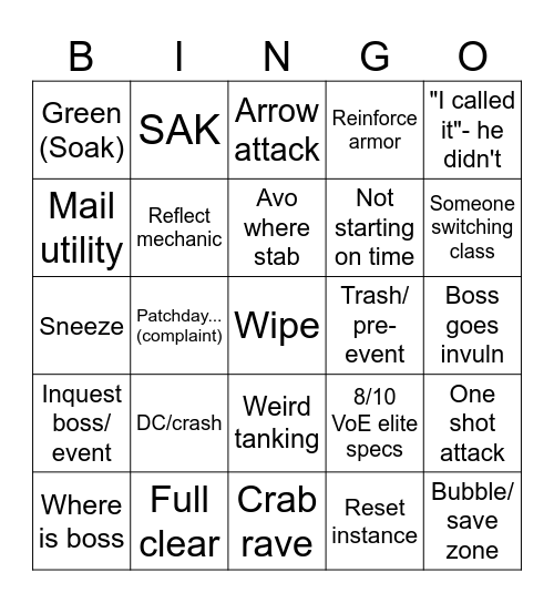 Raid Wing 9 Bingo Card