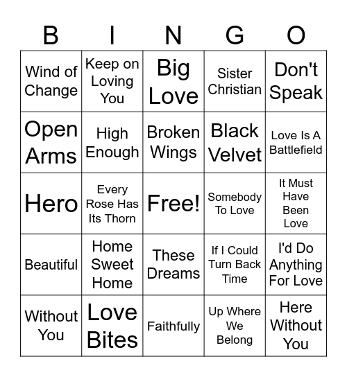 Ballads That Hit Bingo Card