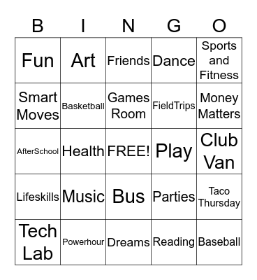 Boys and Girls Club Bingo Card