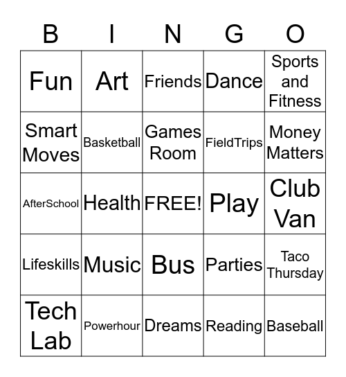 Boys and Girls Club Bingo Card